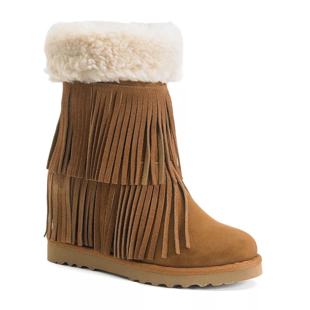 Madden Girl Brown Cognac Faux Fur Sleet Fringe Wedge Platform Boots
